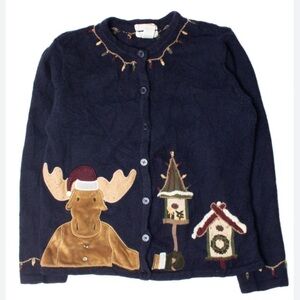 Vintage Moose & Birdhouse Christmas Sweater Cardigan Navy Size S
